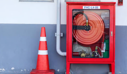 Fire hydrant and hose mounted on a wall for fire system upgrade Perth, enhancing building fire safety and regulatory compliance