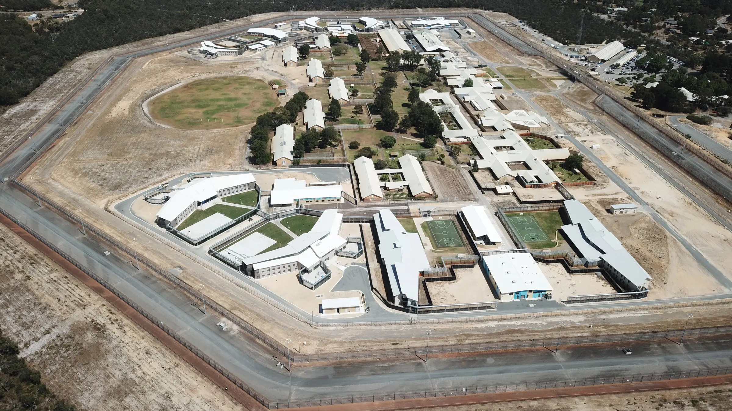 Aerial view of Casuarina Prison after Fire Protection Services upgraded site-wide fire detection systems for safety compliance